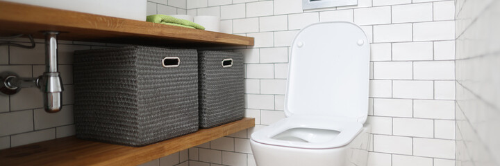 Toilet bowl, sink, shelves with boxes for storing things in toilet. Plumbing installation, repair and cleaning concept.