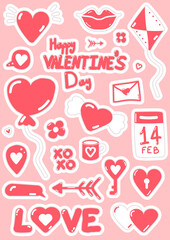 Happy valentine's day. Couple love stickers set of hand drawn pink and white elements