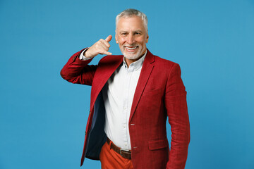 Smiling cheerful elderly gray-haired mustache bearded business man wearing red jacket suit doing...