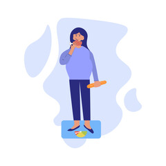 Pregnancy symptoms and problems concept. Young pregnant women checking her weight. The bathroom scale shows excess weight, but women can t stop eating. flat illustration