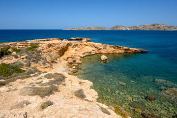 Picturesque Paros Bay with a rocky coast and turquoise water. Paros Island, Cyclades, Greece