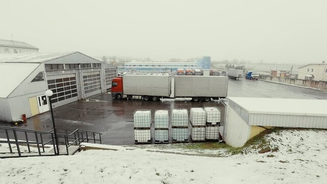 Truck drives through logistics center