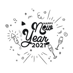 Welcome lettering. Handwritten modern calligraphy. Happy 2021 New Year. Holiday Vector Illustration With Lettering Composition And Burst.