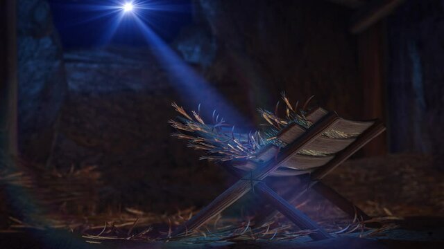 Nativity of Jesus Scene with twinkling stars of Bethlehem with sparkling advent Christmas story