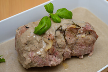 roasted pork neck with mushroom sauce