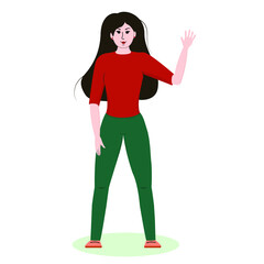 a young woman, a brunette Asian woman, dressed in new year's colors, waves her hand in greeting