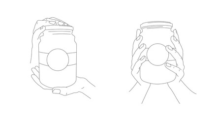Hand holding food jar with jam, glass bottle with label, two positions of hands, presenting and giving, line illustration