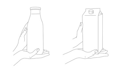 Vector illustration linear,  hand holding bottle of milk,  hand hold packaging of milk or juice,  hand drawn line sketch,  advertising presentation