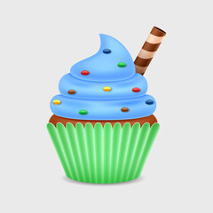 Sweet cupcake with wafer stick on white background