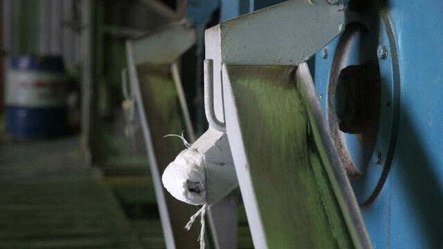 Yellowish rice flowing fast down metallic flumes at large containers at plant