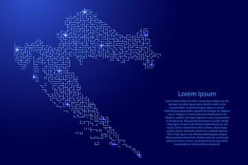 Croatia map from blue pattern of the maze grid and glowing space stars grid. Vector illustration.