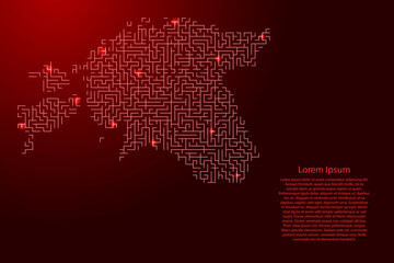 Estonia map from red pattern of the maze grid and glowing space stars grid. Vector illustration.