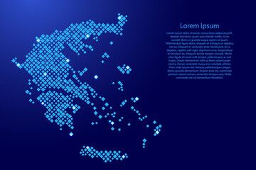 Greece map from blue pattern rhombuses of different sizes and glowing space stars grid. Vector illustration.