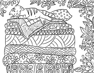 coloring book with a cat sleeping on a pile of mattresses in the garden surrounded by flowers, black and white outline drawing by hand
