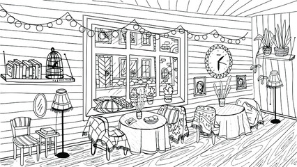 coloring the interior of a cafe, restaurant, black and white drawing, made by hand,