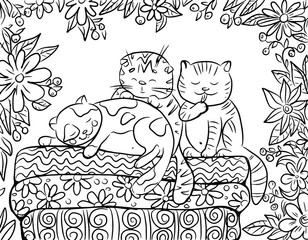 coloring book with a cat sleeping on a pile of mattresses in the garden surrounded by flowers, black and white outline drawing by hand