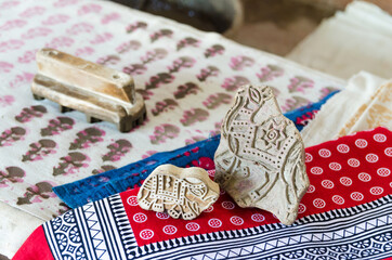 Selective focus on the blocks used for traditional block printing, Kakani village, Rajasthan, India