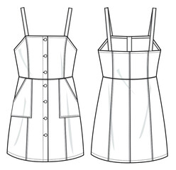 woman fashion design pinny dress CAD technical flat drawing illustration vector line pattern design clothing artwork textile sketch trend graphic hand-drawn
