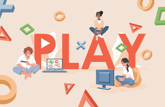 Play Word Banner Template. People Playing Video Games On Game Console Vector Flat Illustration.