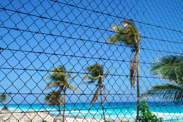 tropical sea and coconut trees after iron chain fence
