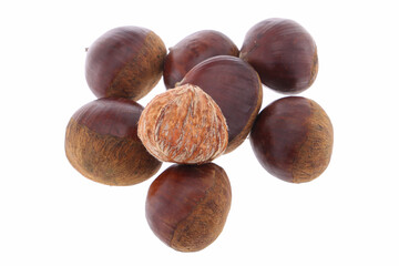 Fresh chestnuts with peeled roasted chestnut isolated on white background. Hippocastanum isolated. Isolated chestnut set