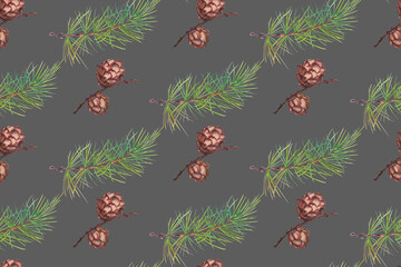 Obraz premium winter seamless pattern with larch cones and fir branches on a brown background for surface design and packaging for the celebration of the new year and christmas, packaging, wrapping paper