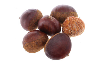Fototapeta premium Fresh chestnuts with peeled roasted chestnut isolated on white background. Hippocastanum isolated. Isolated chestnut set
