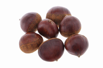Obraz premium Fresh chestnuts with peeled roasted chestnut isolated on white background. Hippocastanum isolated. Isolated chestnut set