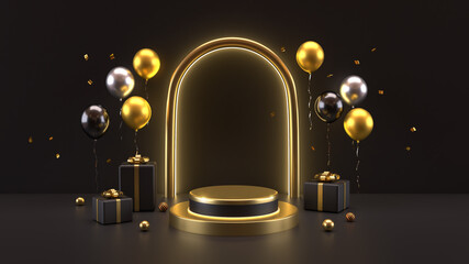 3d rendering of luxury podium with balloon on black background © Amimy