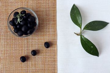 Salted olives in a glass dish on a sand napkin, a branch with three leaves on a white background, close-up, top view