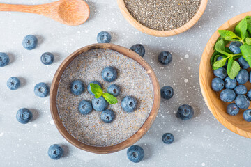 chia pudding with blueberries in a coconut bowl