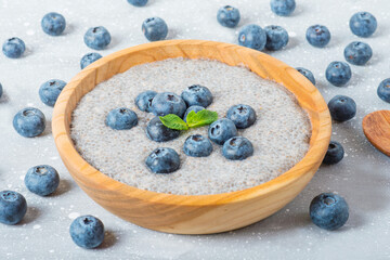 chia pudding with blueberries in a coconut bowl