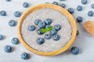 chia pudding with blueberries in a coconut bowl