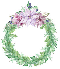 Watercolor Christmas mistletoe wreath decorated with pink poinsettia flowers. Hand-drawn New Year's template.