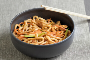Close-up of bowl of udon noodles.