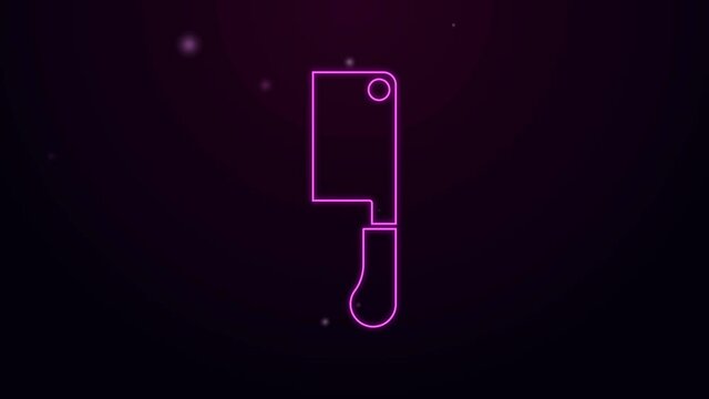 Glowing neon line Meat chopper icon isolated on black background. Butcher knife. Kitchen knife for meat. Butcher knife. 4K Video motion graphic animation.