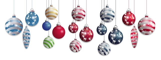 Set hanging Christmas balls. Decorative baubles elements isolated on white background for holiday design. Vector
