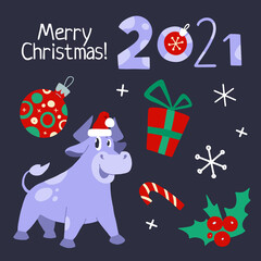 Funny bull. Symbol of 2021 year. Year of the bull. New Year Cute Cow illustration in cartoon style.