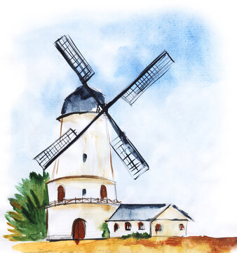 Watercolor landscape of windmill against gentle blue sky with fluffy clouds and blurry green bushes. High white construction with black roof and big wings. Hand drawn summer illustration of farm life