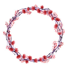 Watercolor floral wreath isolated on a white background. Red flowers and branches frame for your design. Cute botanical template for greeting cards and more. Valentine's day backdrop.