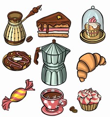 Sketches of tea objects. Hand drawn set symbol. icon