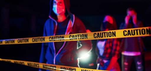 In protective masks. Group of protesting young people that standing together. Activist for human rights or against government