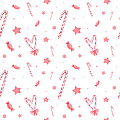 Watercolor hand drawn christmas pattern with many cute elements. Seamless christmas texture. red and white lollipops, bonbons, caramels, stars, confetti. Cute festive ornament.