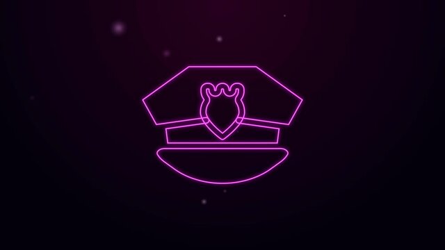 Glowing neon line Police cap with cockade icon isolated on black background. Police hat sign. 4K Video motion graphic animation.