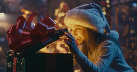 Happy girl opening magic gift at Christmas night - Powered by Adobe