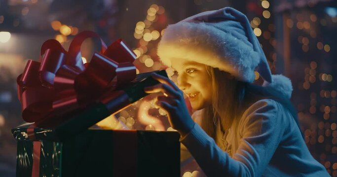 Happy girl opening magic gift at Christmas night