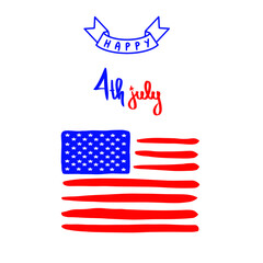 Happy 4th July holiday Independence Day in America greeting card vector american national flag stars. Fourth of July USA banner icon. Patriotic hand lettering type logo design illustration in blue red