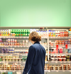 Supermarket shopping, face mask and gloves,Young man shopping in supermarket, reading product information.