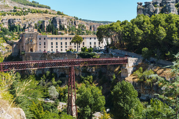 Beautiful view of the hanging houses of the medieval city of Cuenca, Spain, on a sunny morning. Landscape
