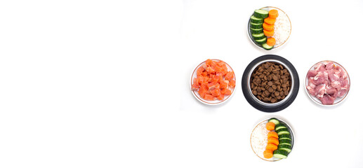 Dry pet dog food in bowl with natural ingredients. Raw meat, fish, vegetables, eggs and salad. concept of correct balanced and healthy nutrition for pet, flat lay
